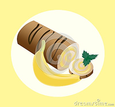 Roll cakes Vector with banana fruits cream. Sweets, dessert berry frosting delicious chocolate melt Vector Illustration