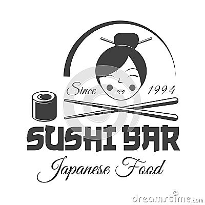 Roll, chopstick and japan girl , sushi bar vector vintage label, badge, or emblem Vector Illustration