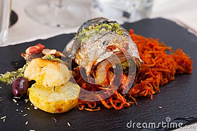Roll mackerel with carrots and lard Stock Photo