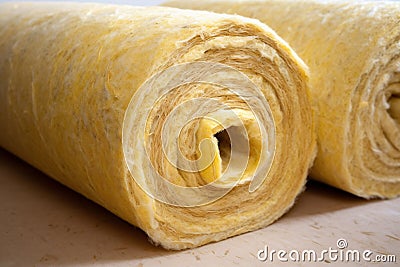 Roll of mineral wool filling used as isolation material in walls Stock Photo