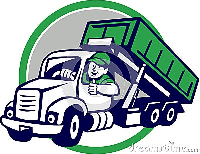 Roll-Off Bin Truck Driver Thumbs Up Circle Cartoon Vector Illustration