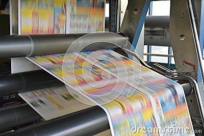 Roll offset print machine in a large print shop for production of newspapers & magazines Stock Photo