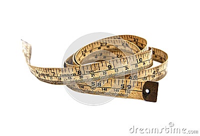 Roll of Old plastic measure tape isolated on white background. Old measurement tape isolated Stock Photo