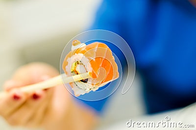 Roll salmon Sushi, Japanese food menu Stock Photo