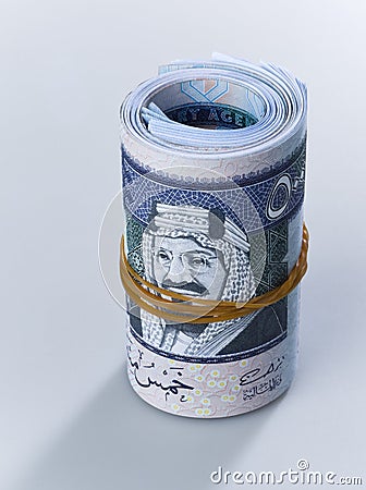 Roll of Saudi Riyal Banknotes of 500 Stock Photo