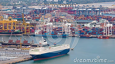 Roll-on Roll-of ship loading new cars line up and commercial port loading and unloading cargo from container ship import and Stock Photo