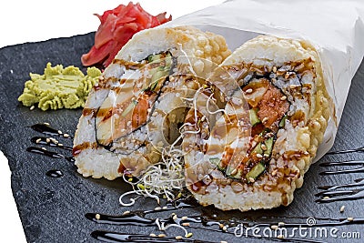 Roll tempura spicy chicken and avocado Stock Photo