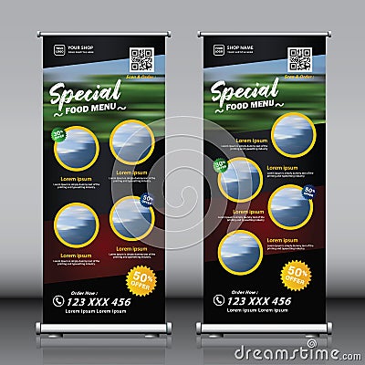 Roll up vertical advertisement banner design template with 5 food menu items. Vector Illustration