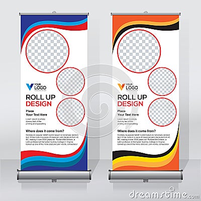 Roll up banner design template, vertical, abstract background, pull up design, modern x-banner, rectangle size. Vector Illustration