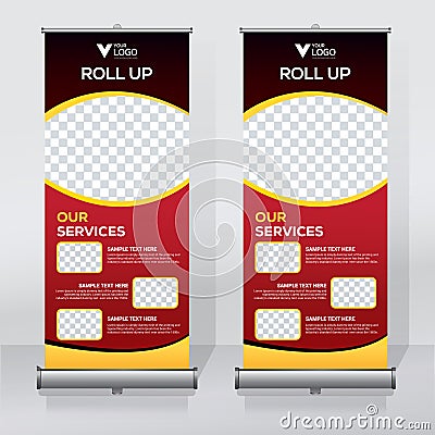 Roll up banner design template, vertical, abstract background, pull up design, modern x-banner, rectangle size. Vector Illustration