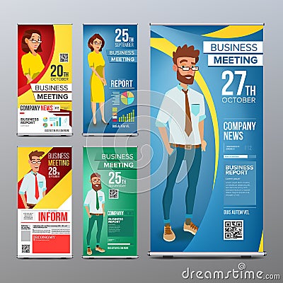 Roll Up Stand Set Vector. Vertical Flag Blank Design. Businessman And Business Woman. For Business Conference Vector Illustration