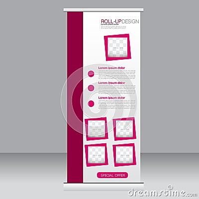 Roll up banner stand template. Abstract background for design, business, education, advertisement. Pink color. Vector illustrati Vector Illustration