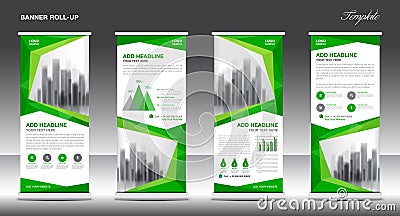 Roll up banner stand template design, Green banner layout, ads Vector Illustration