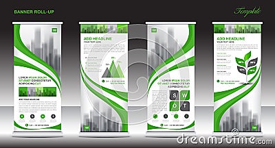 Roll up banner stand template design, Green banner layout, ads Vector Illustration