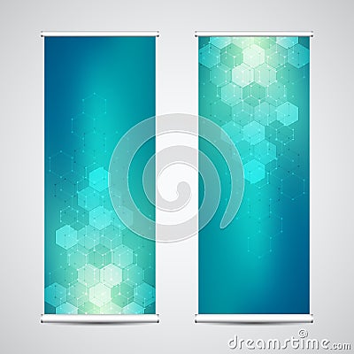 Roll up banner stands with abstract geometric background of hexagons pattern. Hi-tech digital background. Vector Vector Illustration
