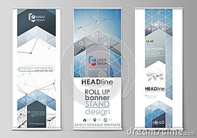 Roll up banner stands, flat design templates, geometric style, vertical vector flyers, flag layouts. Geometric blue Vector Illustration