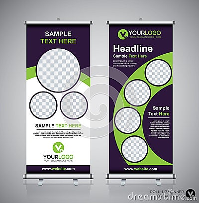 Roll up banner design template, vertical, abstract background, pull up design, modern x-banner, rectangle size. Vector Illustration