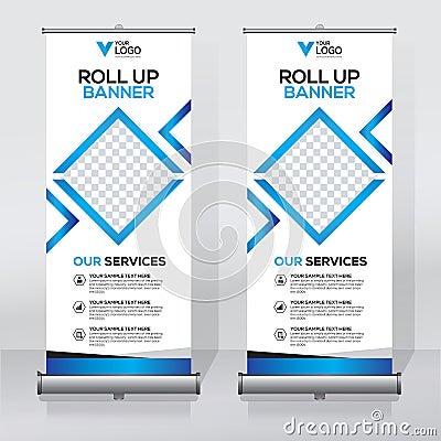 Roll up banner design template, vertical, abstract background, pull up design, modern x-banner, rectangle size. Vector Illustration