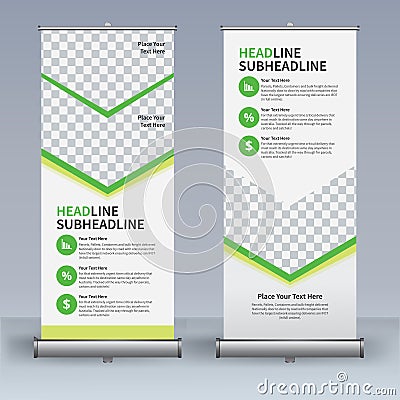 Roll up banner design template, vertical, abstract background, pull up design, modern x-banner, rectangle size. Vector Illustration