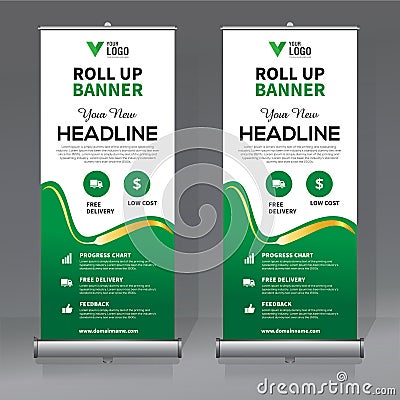 Roll up banner design template, vertical, abstract background, pull up design, modern x-banner, rectangle size. Vector Illustration