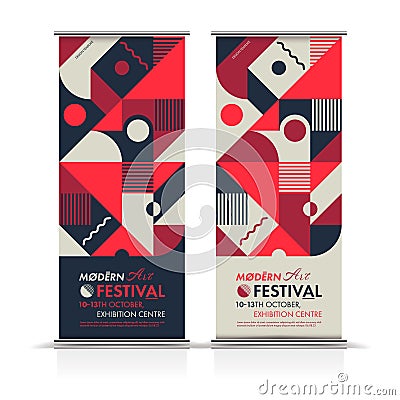 Roll-Up Business Banners Layout with Colorful Geometric Elements. Vector Illustration