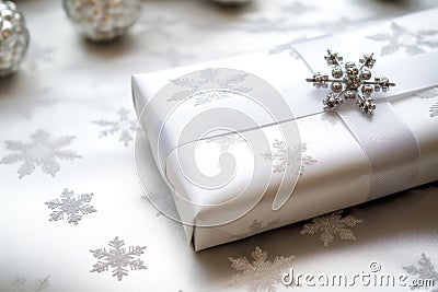 a roll of white holiday wrapping paper with silver snowflakes Stock Photo