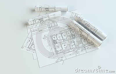 Rolled House Blueprints On Gray Background Stock Photo