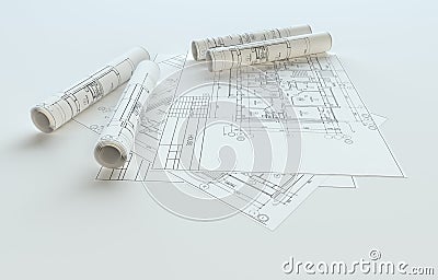 Rolled House Blueprints On Gray Background Stock Photo