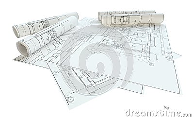 Rolled House Blueprints. Isolated Stock Photo