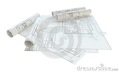 Rolled House Blueprints. Isolated Stock Photo