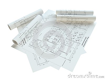 Rolled House Blueprints. Isolated Stock Photo