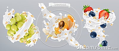 Rolled oats, fruits and milk splashes. 3d realistic vector icon Vector Illustration