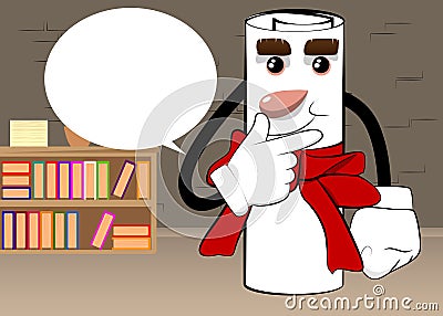 Rolled paper with red ribbon as a diploma holding finger front of his mouth. Vector Illustration