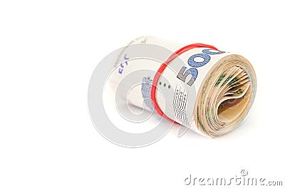 Rolled into a roll of 500 hryvnia isolated on a white background. Stock Photo