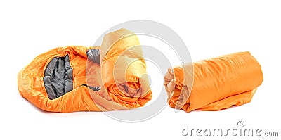 Rolled sleeping bags on background. Banner design Stock Photo
