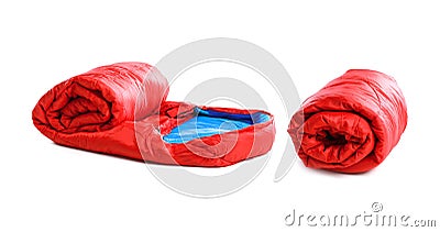 Rolled sleeping bags on background. Banner design Stock Photo