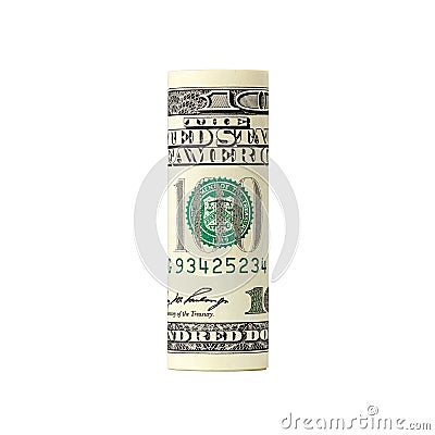 Rolled up hundred dollar bill isolated on white background. Hundred dollar bills rolled up. Folded dollars Stock Photo