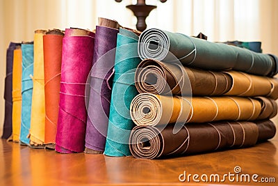 rolled up luxurious leather hides in various colors Stock Photo