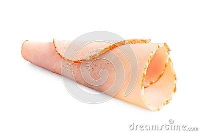 A rolled up single slice of chicken ham isolated on white Stock Photo