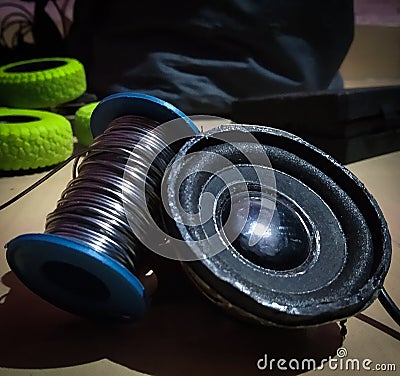 Rolled wires and woofer Stock Photo