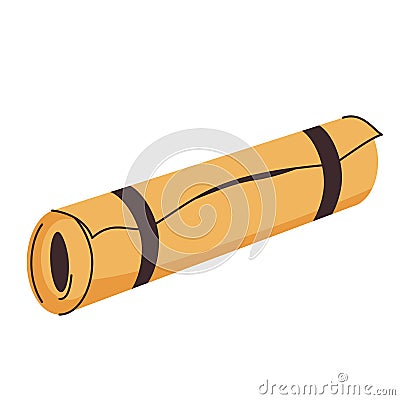 Rolled yellow yoga mat isolated on white background. Sport equipment for workout. Stretch training design in simple line Vector Illustration