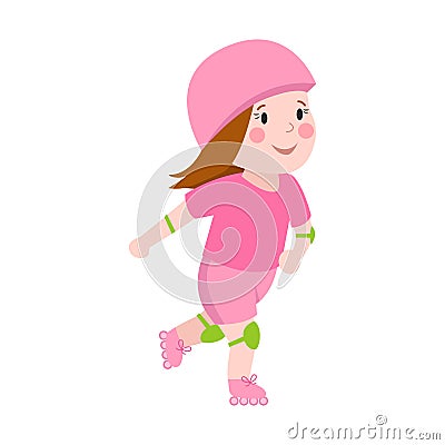 Roller beautiful girl funny sports character skating outdoor summer children hobby and cute young female in pink skates Vector Illustration