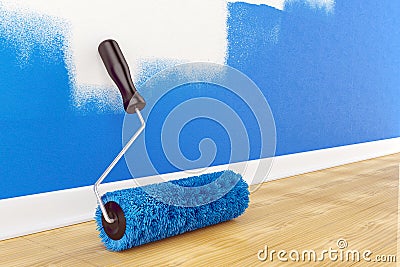 Roller brush on floor. Home interior Stock Photo