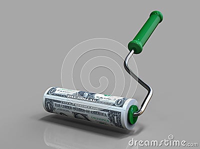 Roller brush makes bank notes. Business concept. 3d illustration Cartoon Illustration