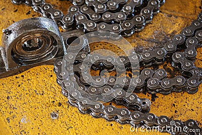 Roller chain and bearing housing of machine Stock Photo