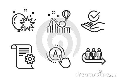 Roller coaster, Ab testing and Balloon dart icons set. Approved, Technical documentation and Queue signs. Vector Vector Illustration