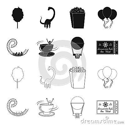 Roller coaster ride, balloon with basket, caruelle cup, ticket to the entrance to the park. Amusement park set Vector Illustration