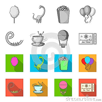 Roller coaster ride, balloon with basket, caruelle cup, ticket to the entrance to the park. Amusement park set Vector Illustration