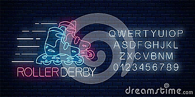 Roller derby glowing neon sign and alphabet. Roller skates competition symbol in neon style Vector Illustration