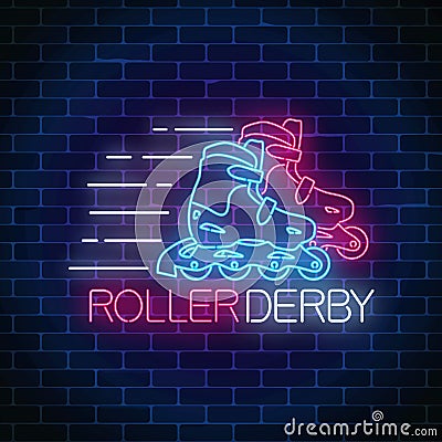 Roller derby glowing neon sign on dark brick wall background. Roller skates competition symbol in neon style Vector Illustration